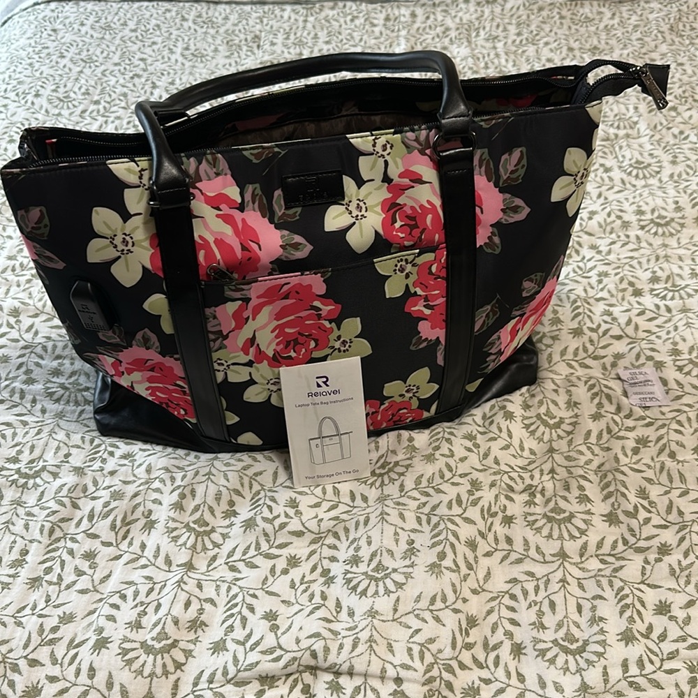 NEW -  Black and Pink Floral Laptop Tote Bag